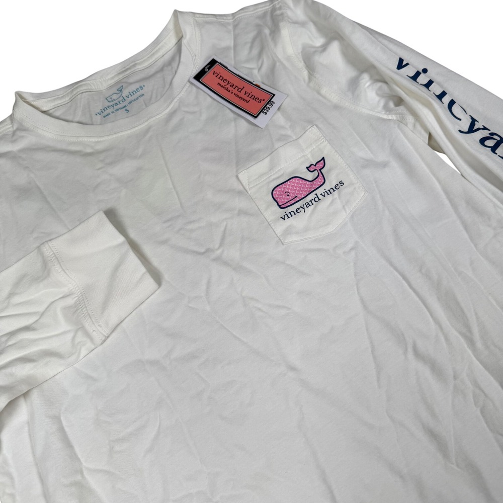 Vineyard Vines White Long Sleeve Patchwork Whale Pocket T-Shirt Womens Small NWT